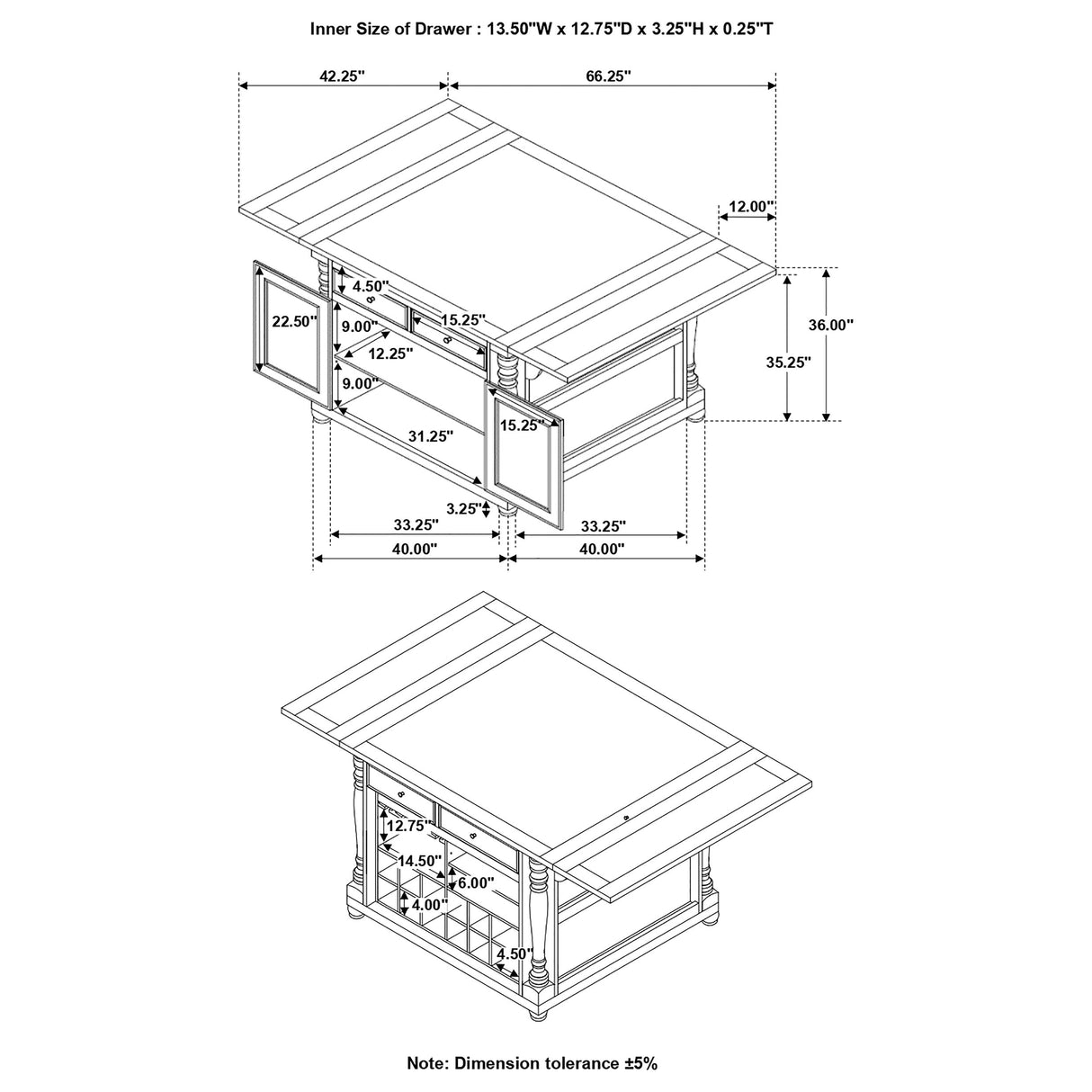 Slater 2-drawer Kitchen Island with Drop Leaves Brown and Black