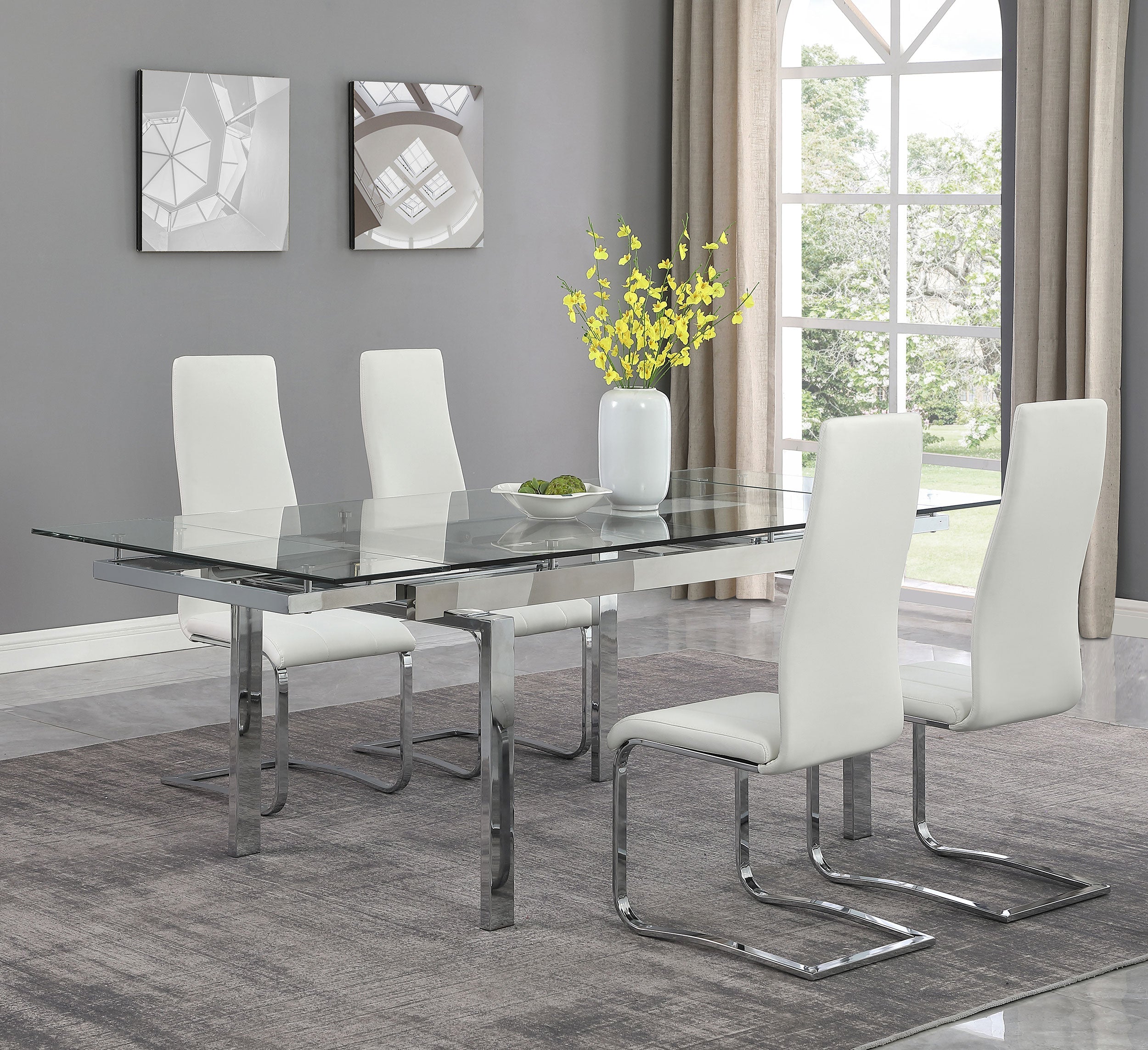 Wexford Glass Top Dining Table with Extension Leaves Chrome