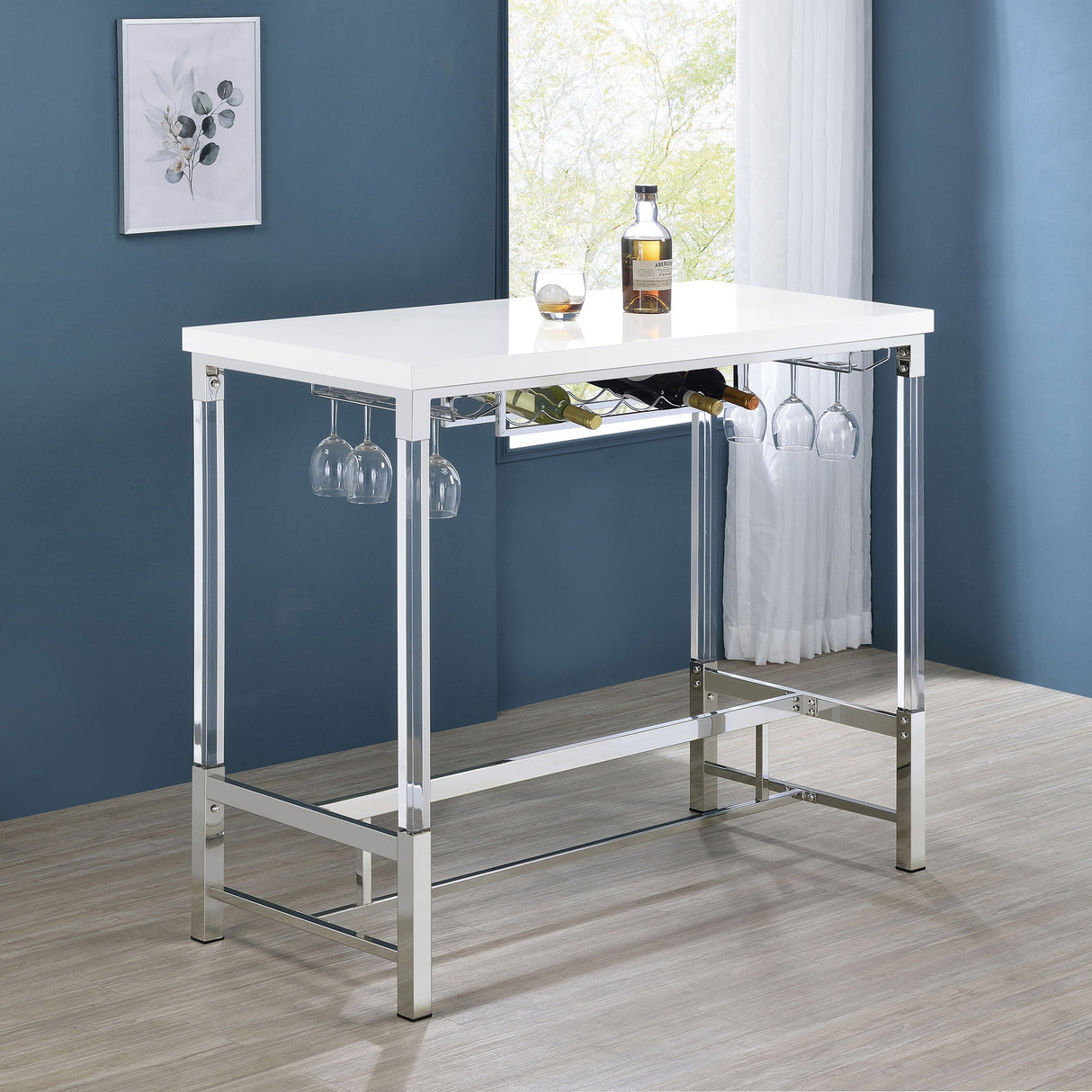 Norcrest Pub Height Bar Table with Acrylic Legs and Wine Storage White High Gloss