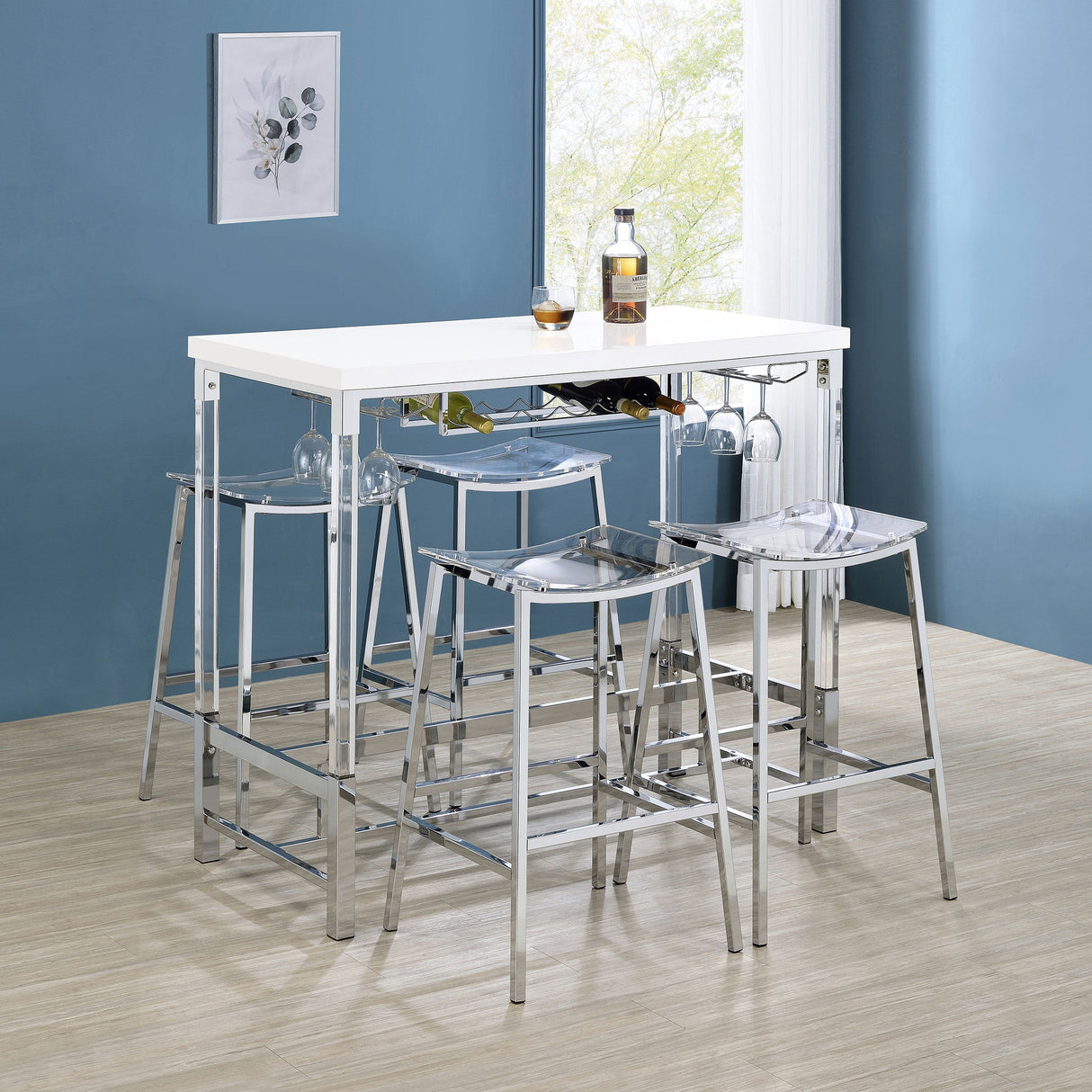 Norcrest Pub Height Bar Table with Acrylic Legs and Wine Storage White High Gloss