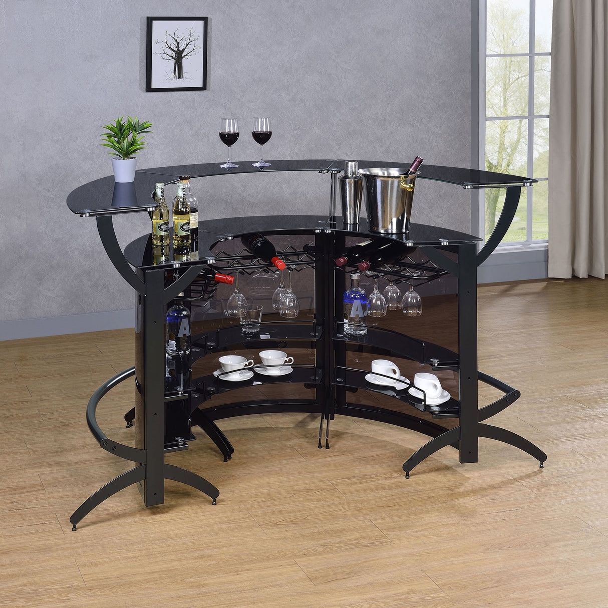 Dallas 2-shelf Curved Home Bar Smoke and Black Glass (Set of 3)