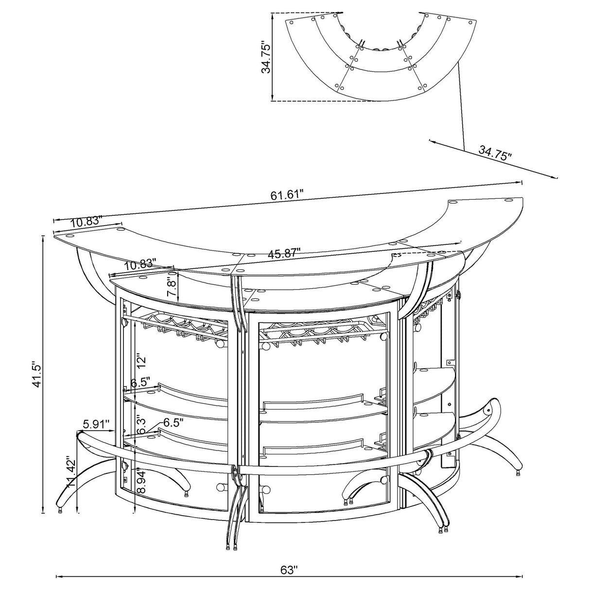 Dallas 2-shelf Curved Home Bar Smoke and Black Glass (Set of 3)