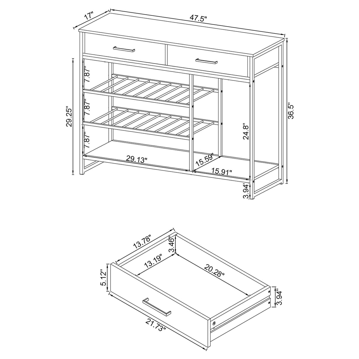 Melrose 2-shelf Wine Cabinet with 2 Drawers Gray Washed Oak and Chrome