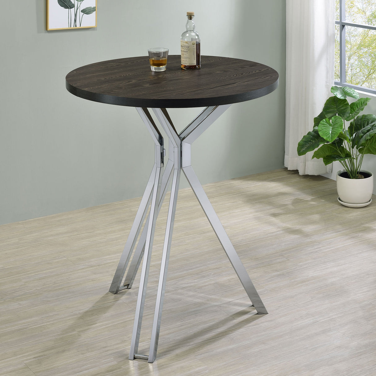 Edgerton Round Wood Top Bar Table Dark Oak and Chrome