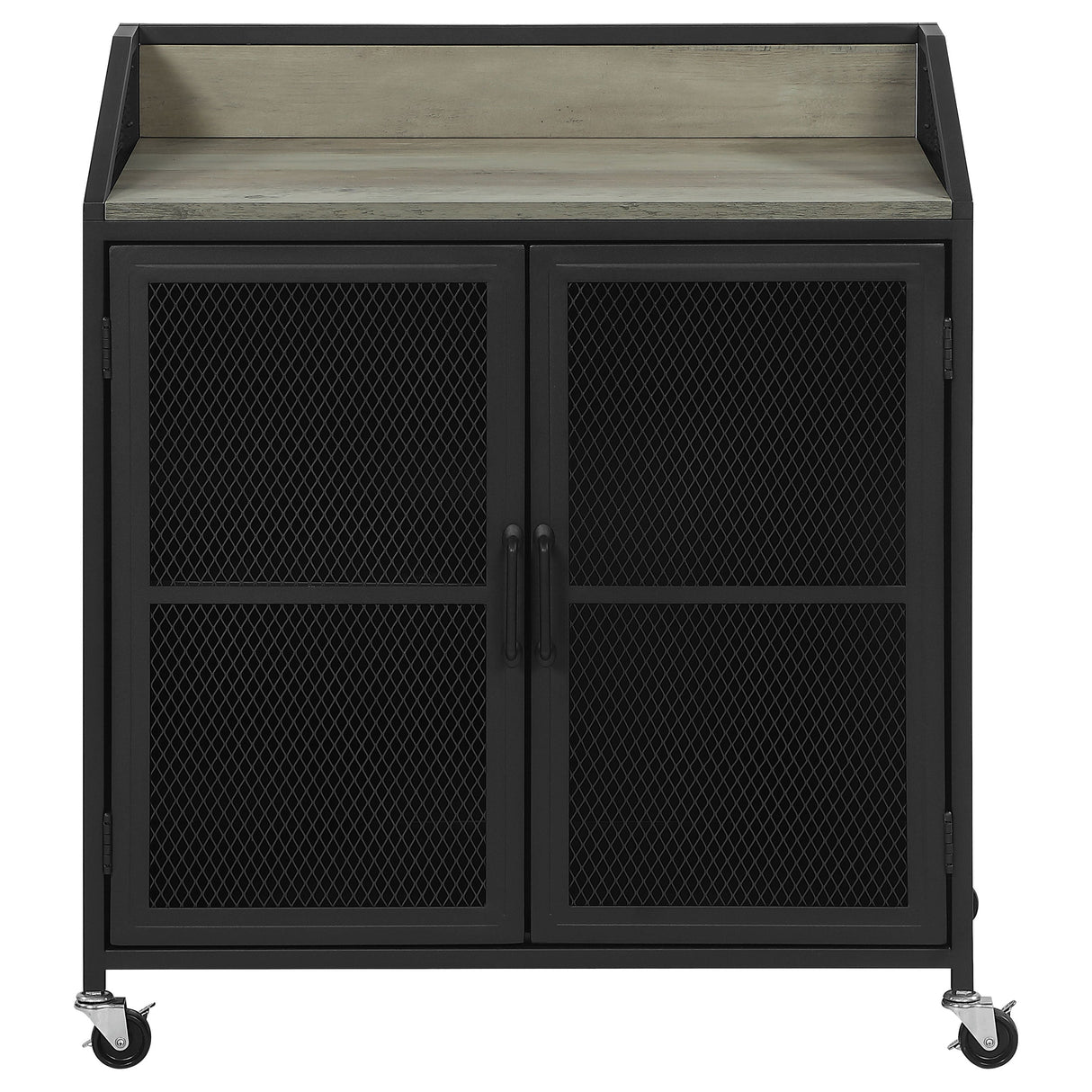 Arlette Wine Cabinet with Wire Mesh Doors Grey Wash and Sandy Black