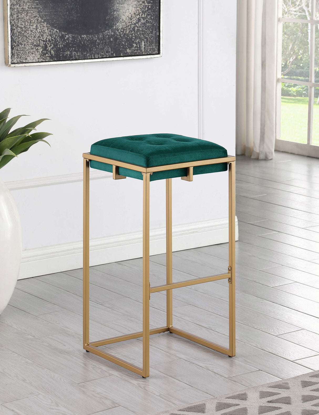 Nadia Square Padded Seat Bar Stool (Set of 2) Hunter Green and Gold