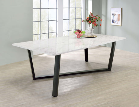 Mayer Rectangular Dining Table Faux White Marble and Gunmetal