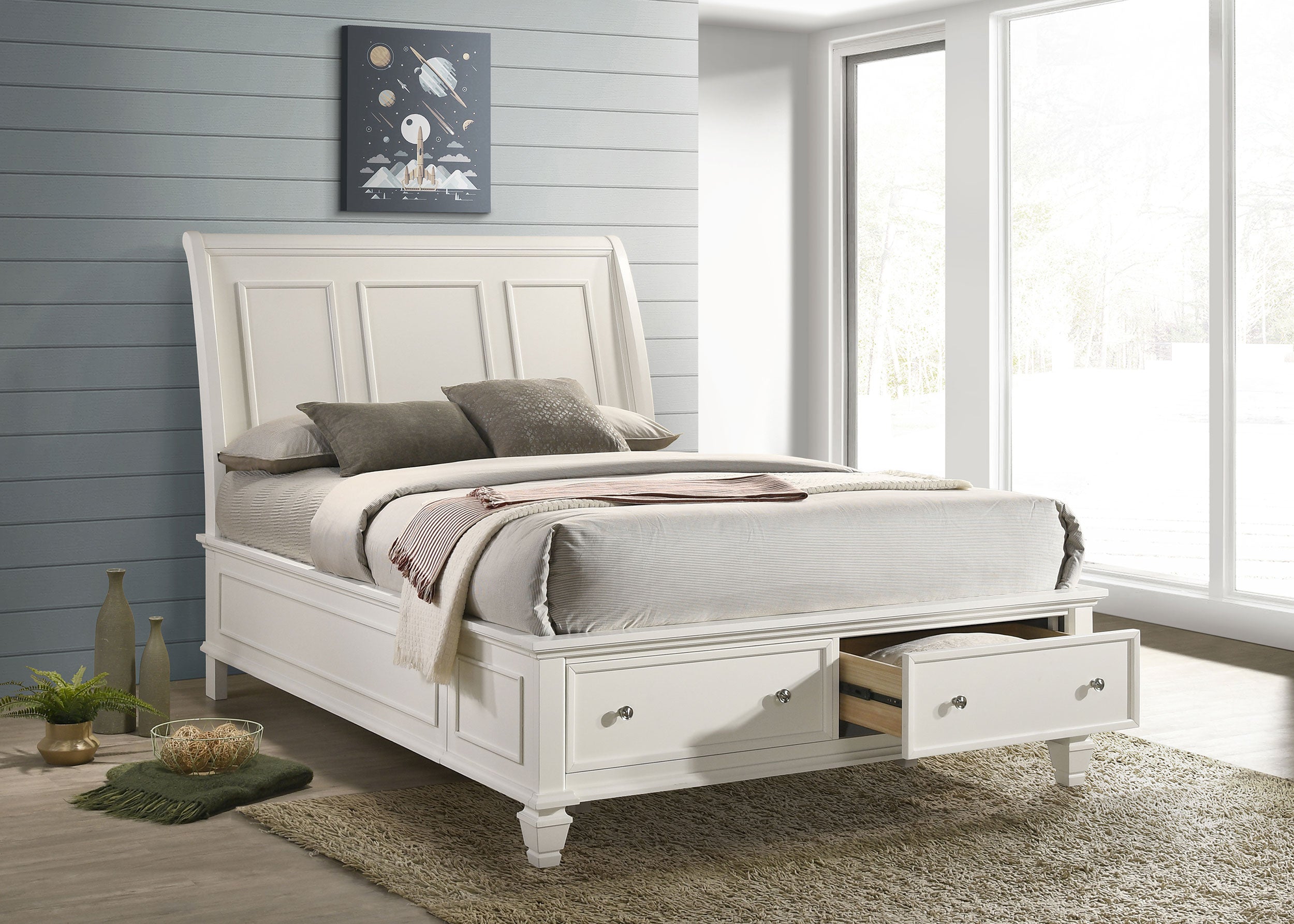 Sandy Beach  Storage Sleigh Bed Cream White