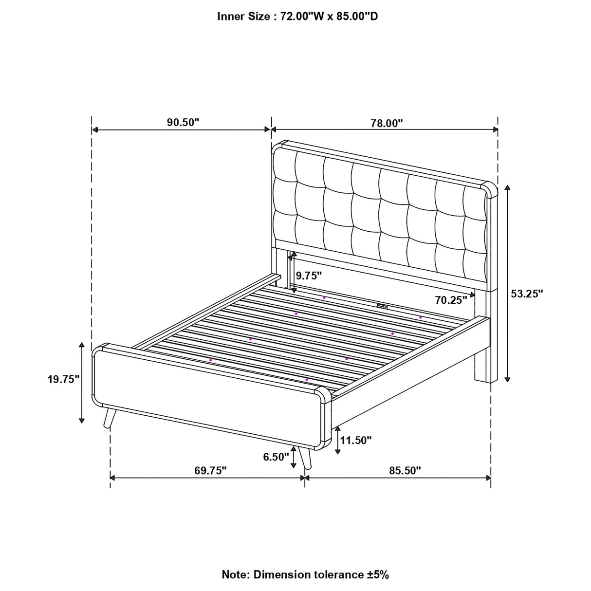 Robyn  Bed with Upholstered Headboard Dark Walnut