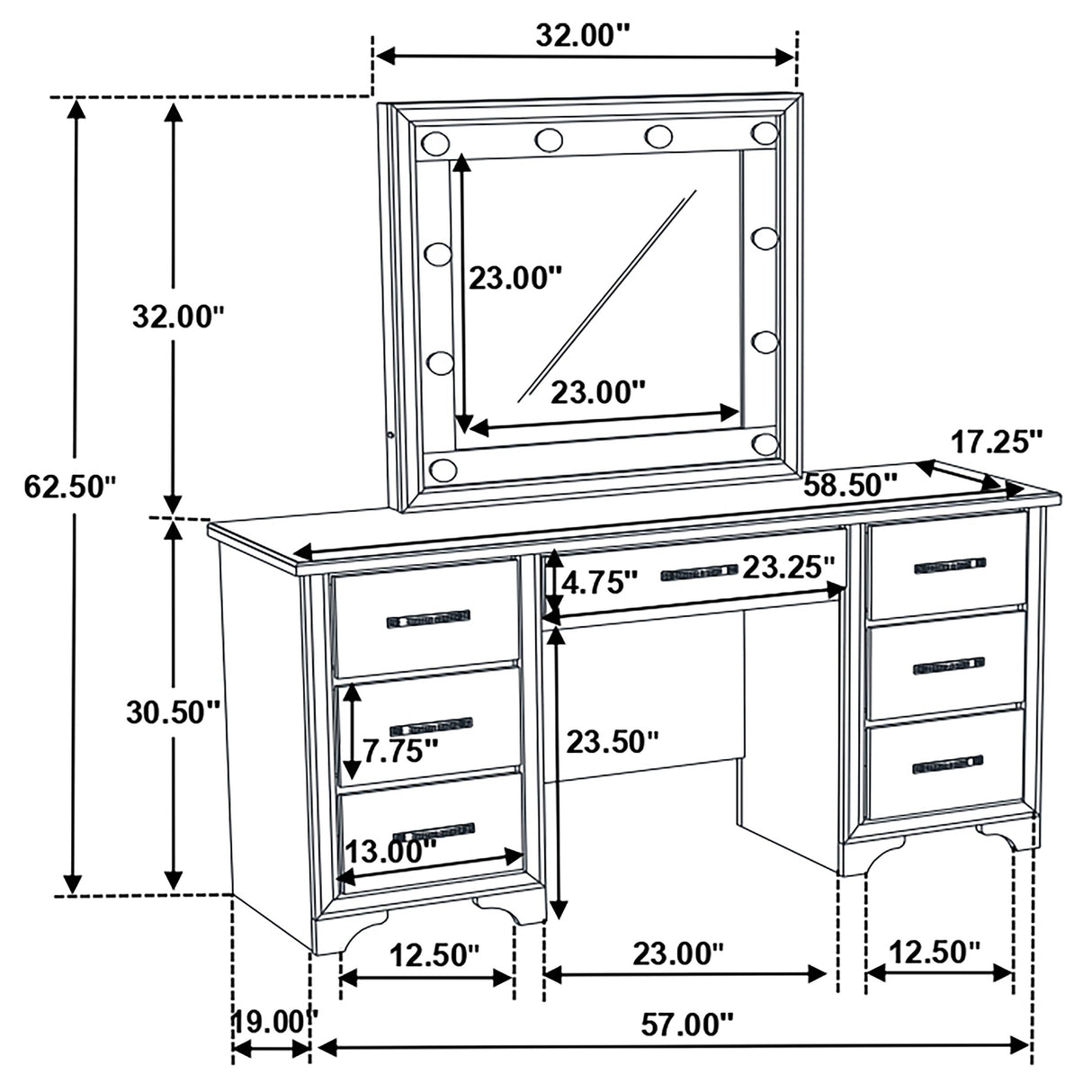 Beaumont 7-drawer Vanity Desk with Lighting Mirror Champagne