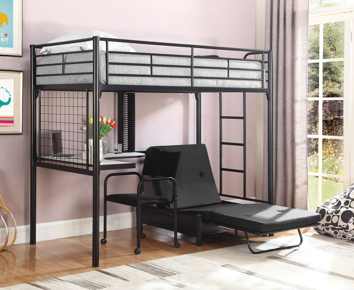 Jenner Twin Futon Workstation Loft Bed and Futon Pad Black