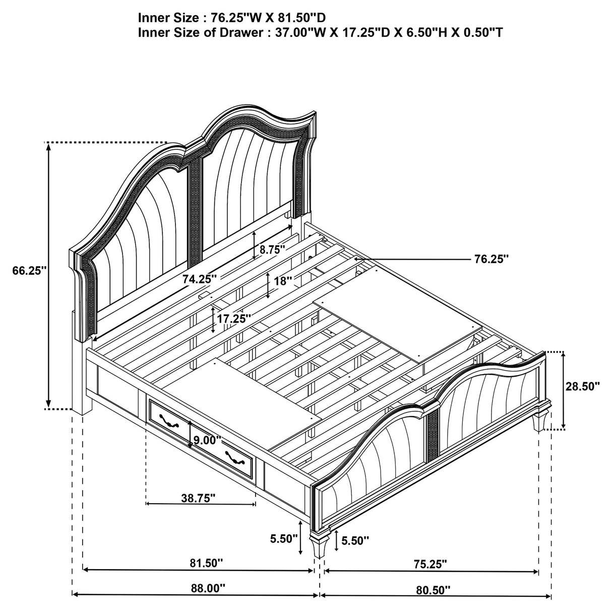 Evangeline  Storage Bed with LED Headboard Silver Oak and Ivory