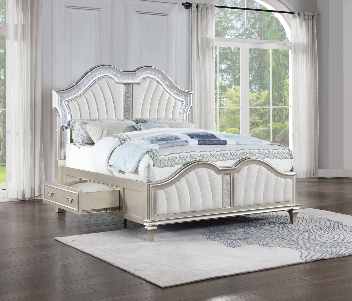 Evangeline  Storage Bed with LED Headboard Silver Oak and Ivory