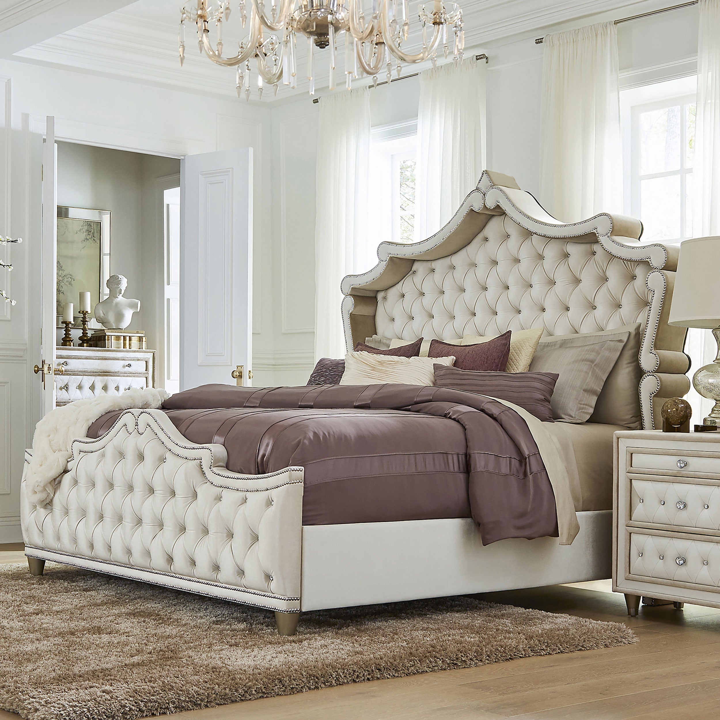 Antonella Upholstered Tufted  Bed Ivory and Camel