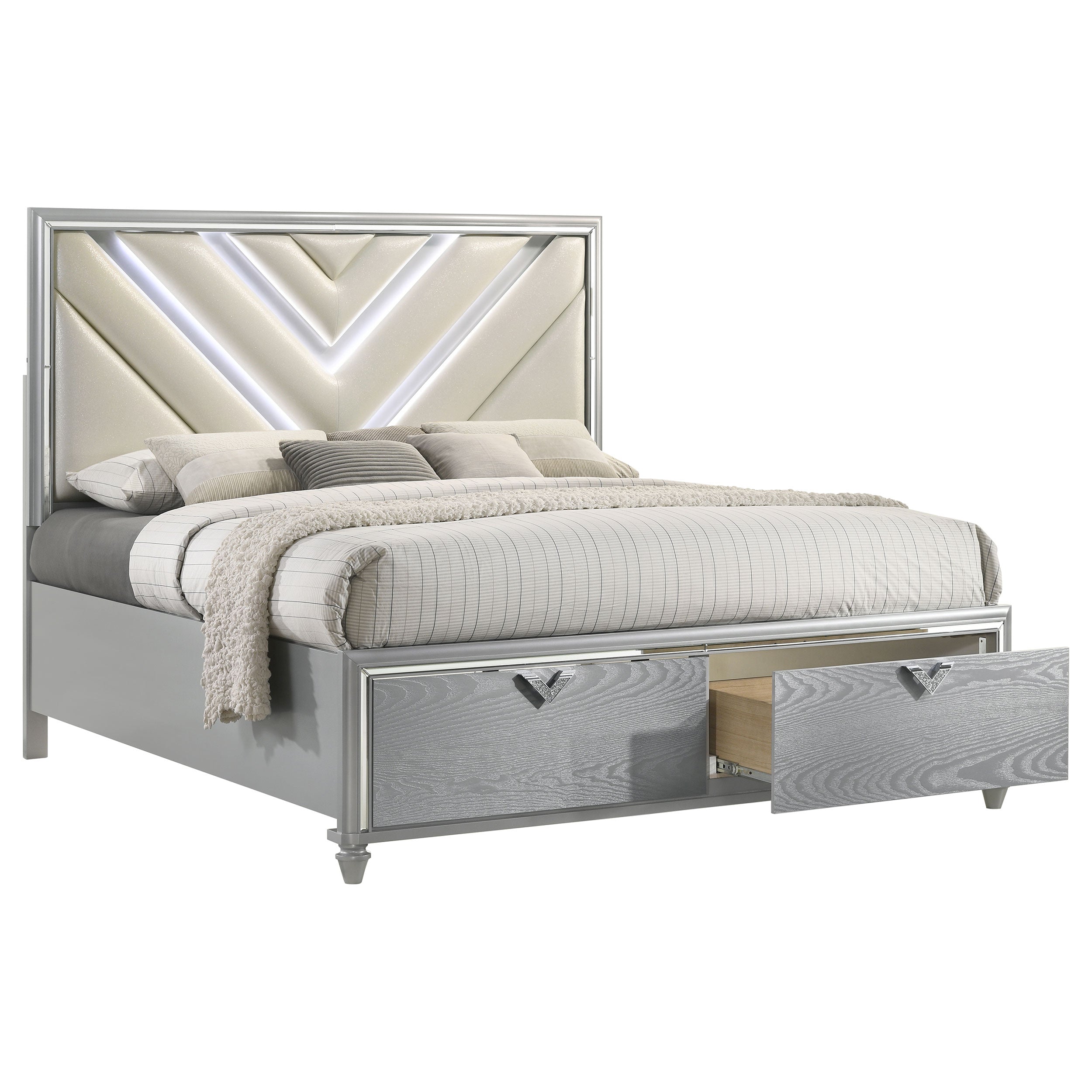 Veronica  Platform Storage Bed with Upholstered LED Headboard Light Silver