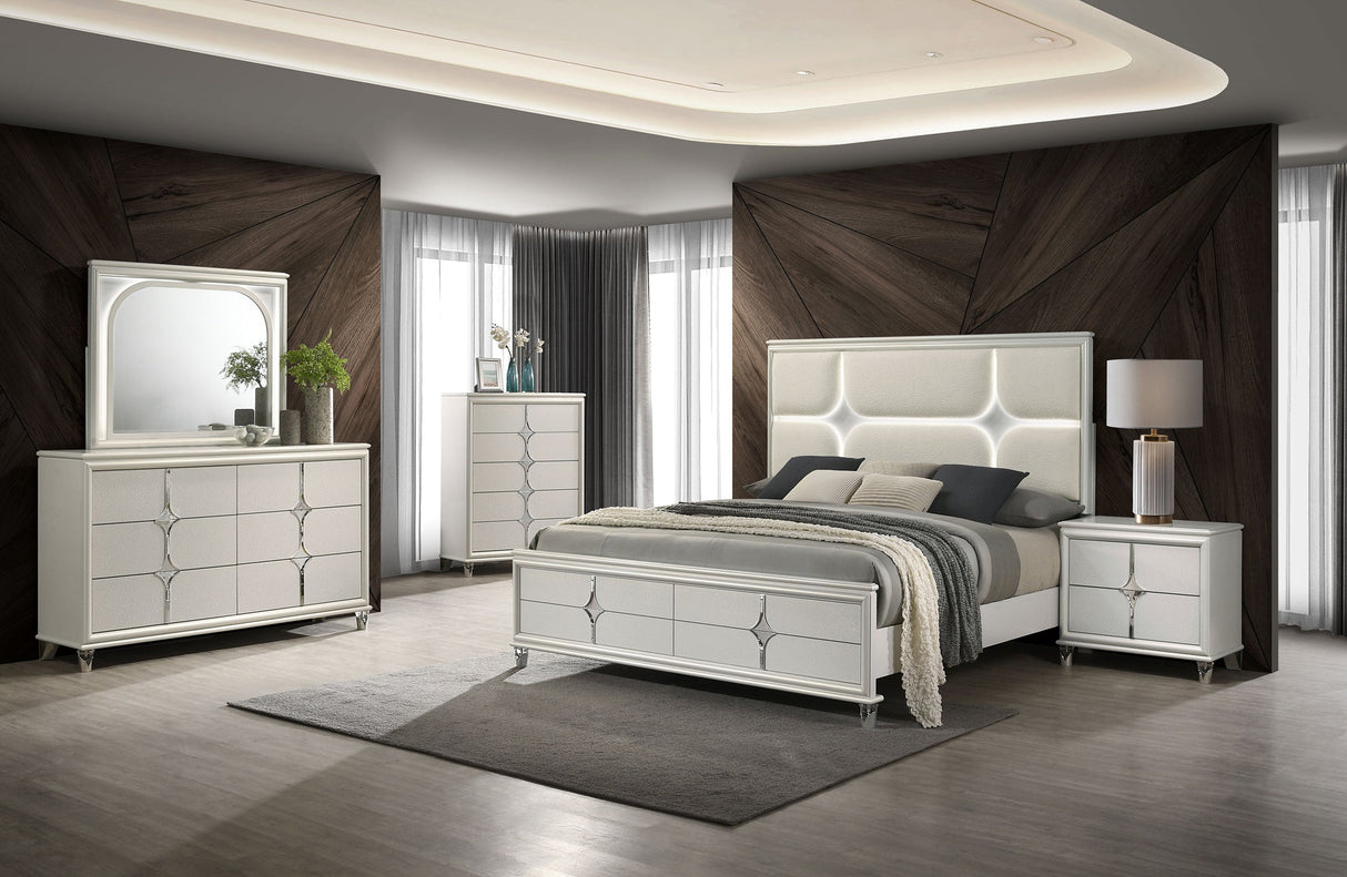 Olivia  Panel Bed LED Headboard Pearl White