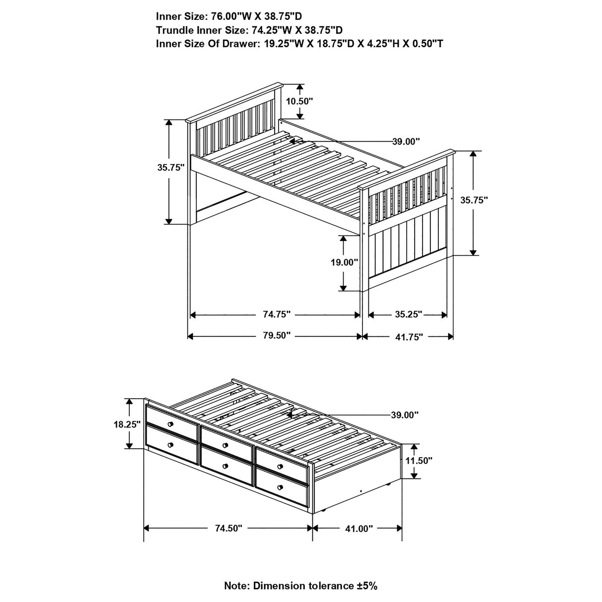 Rochford Twin Captain's Daybed with Storage Trundle Black