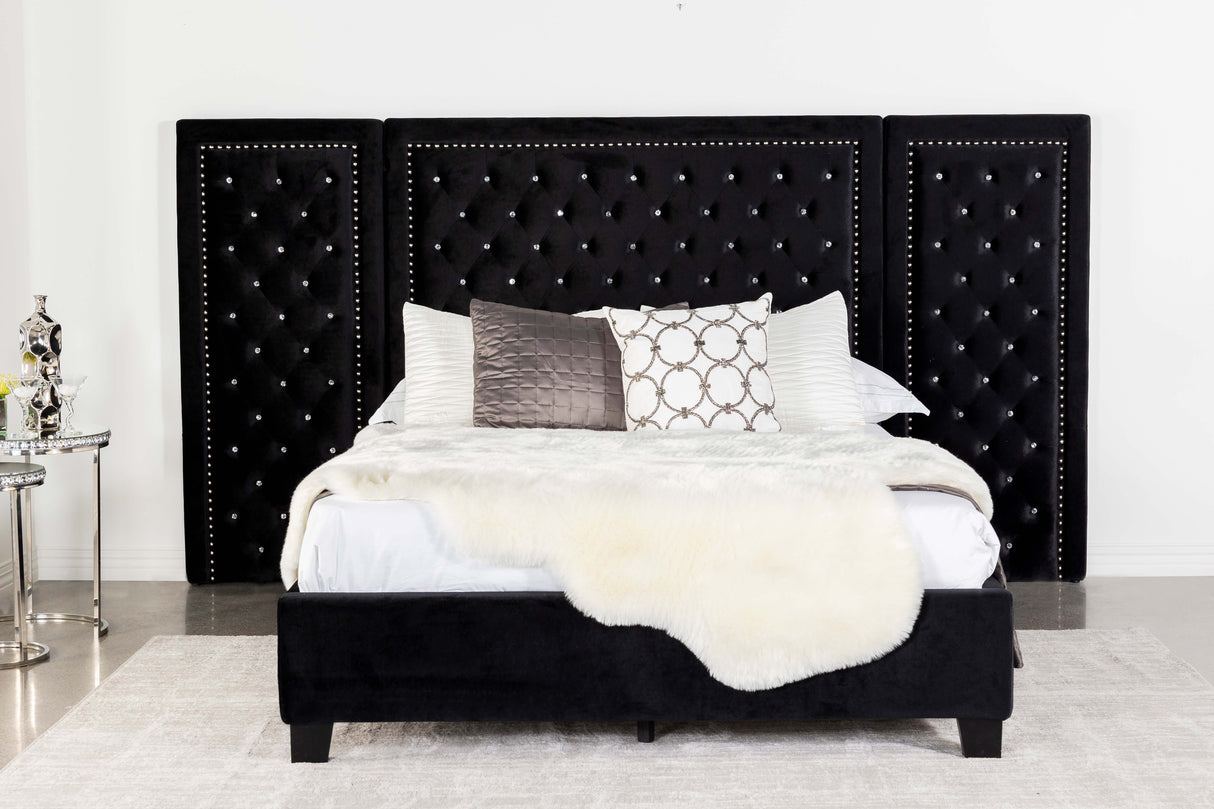 Hailey Upholstered Platform  Bed with Wall Panel Black