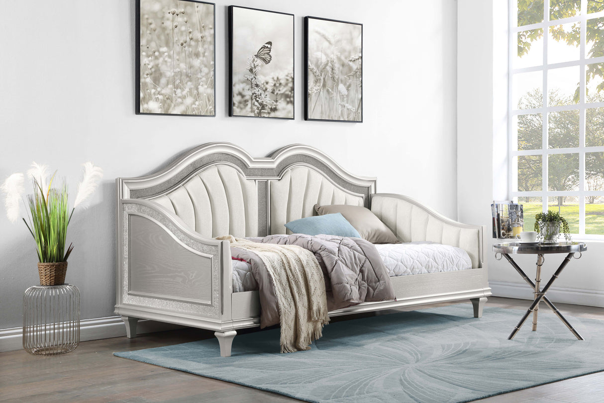 Evangeline Upholstered Twin Daybed with Faux Diamond Trim Silver and Ivory