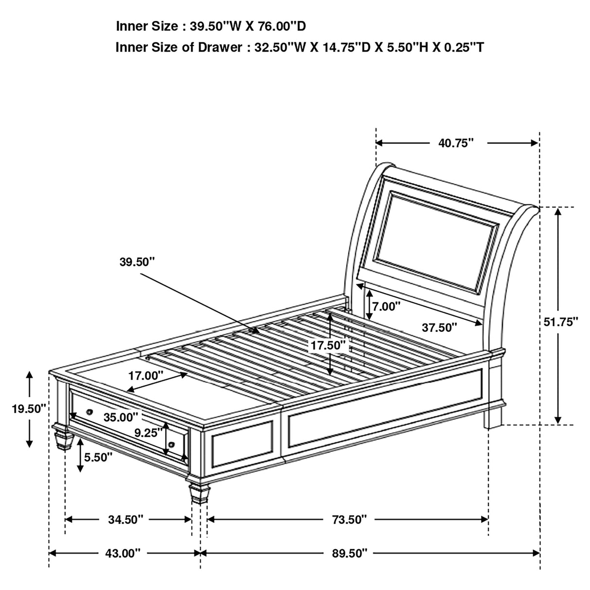 Selena Twin Sleigh Bed with Footboard Storage Cream White