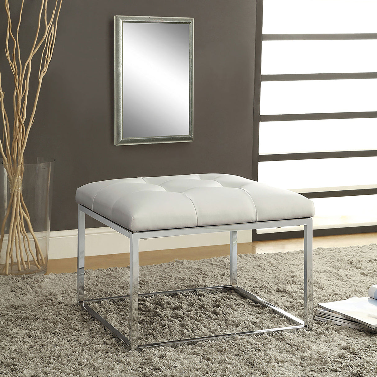 Swanson Upholstered Tufted Ottoman White and Chrome