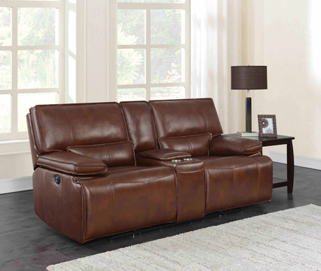 Southwick Pillow Top Arm Power Loveseat with Console Saddle Brown