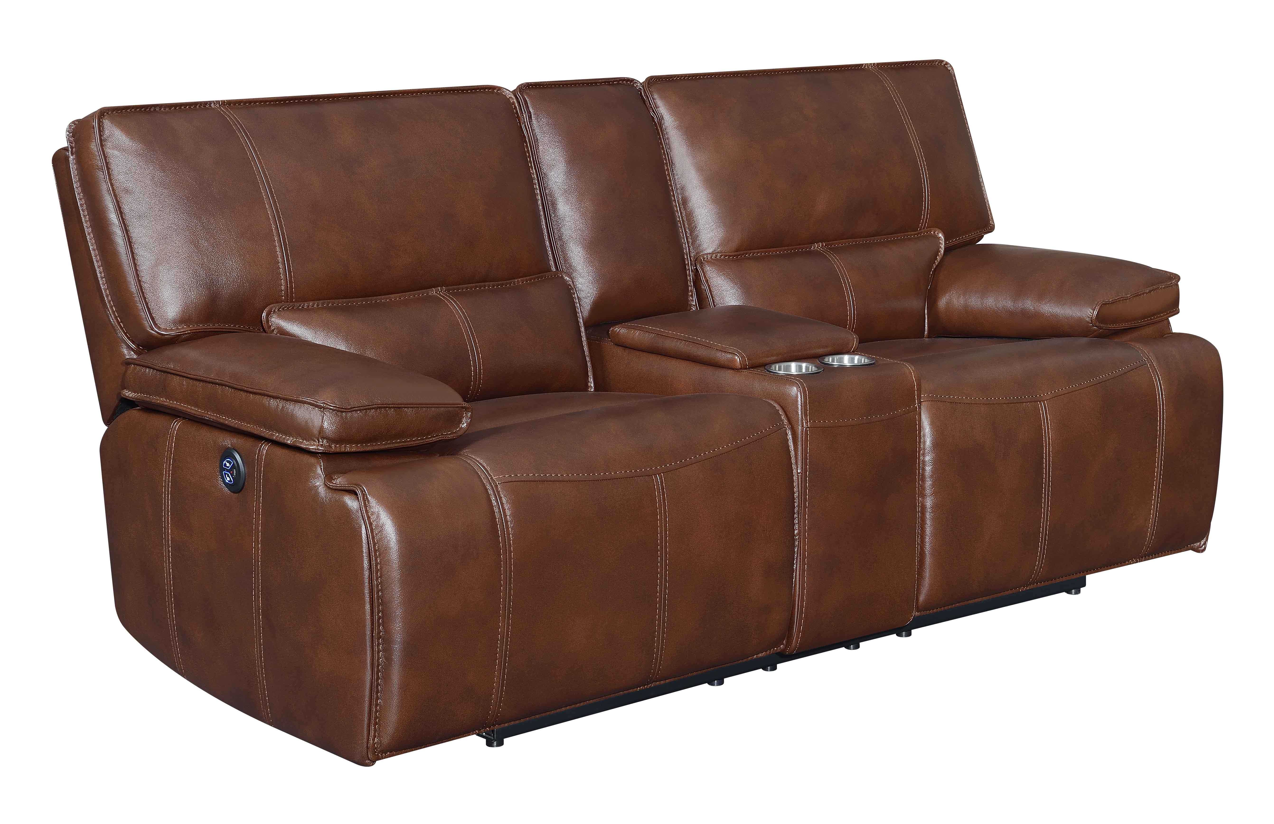 Southwick Pillow Top Arm Power Loveseat with Console Saddle Brown