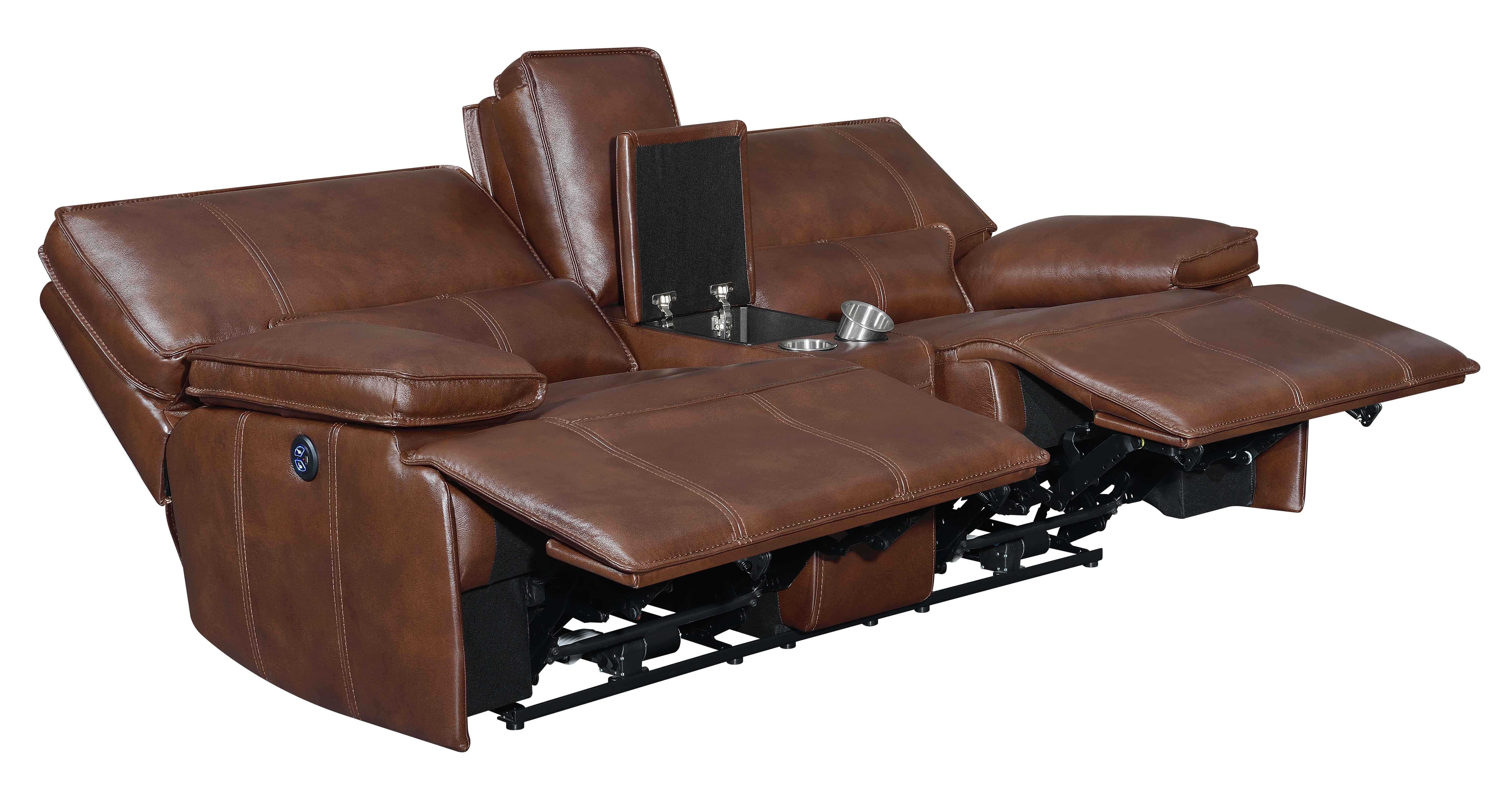 Southwick Pillow Top Arm Power Loveseat with Console Saddle Brown