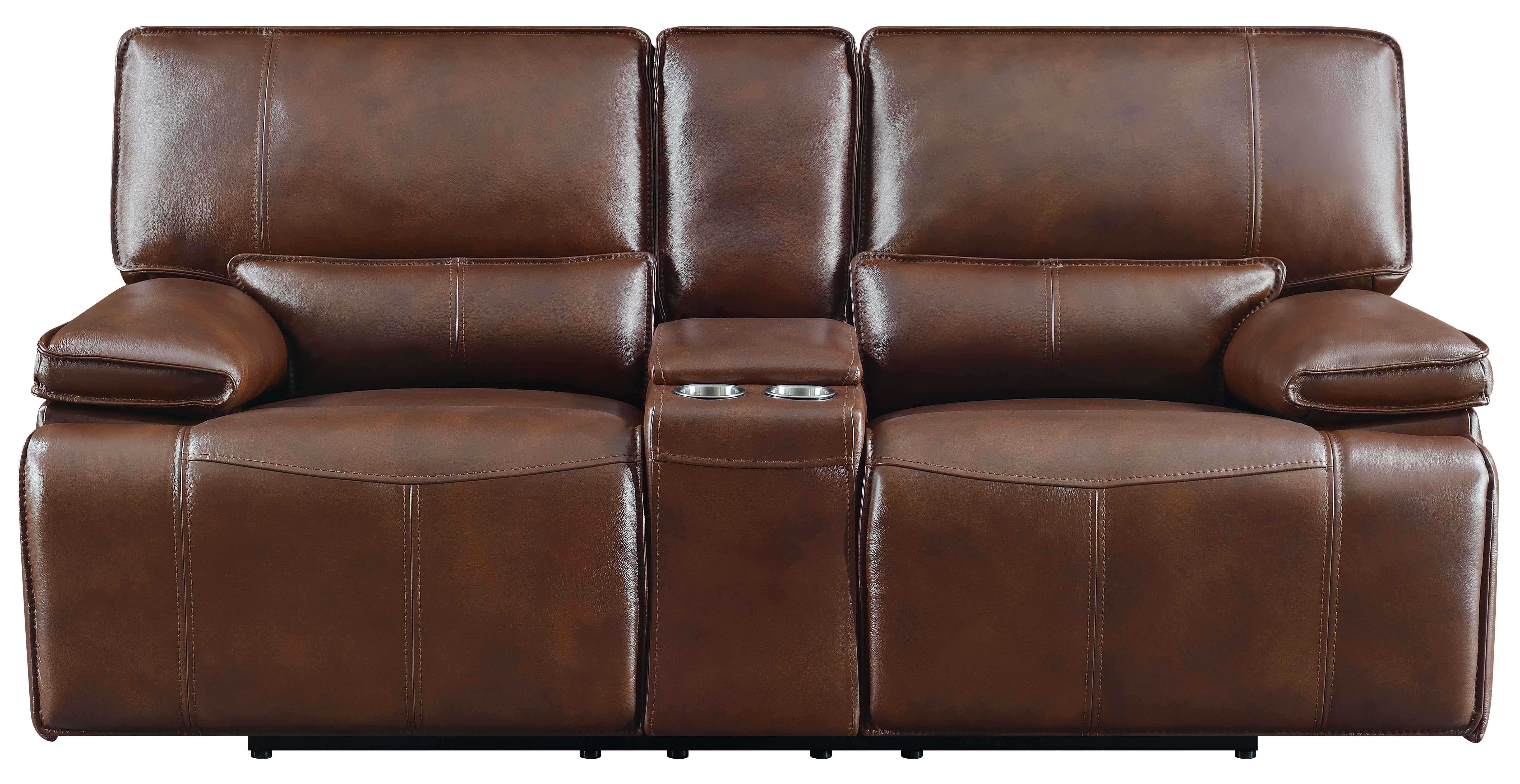 Southwick Pillow Top Arm Power Loveseat with Console Saddle Brown