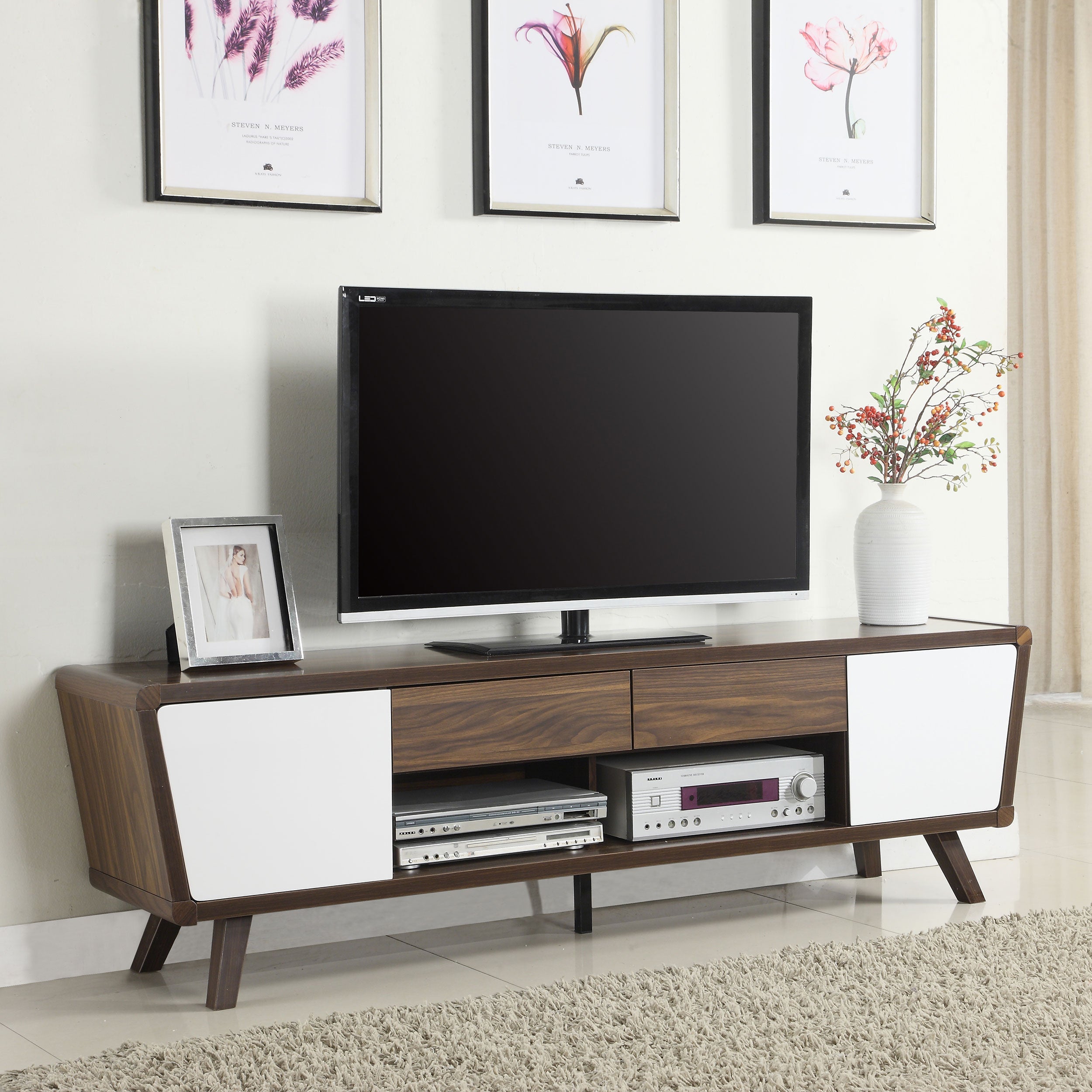 Alvin 2-drawer TV Console Dark Walnut and Glossy White