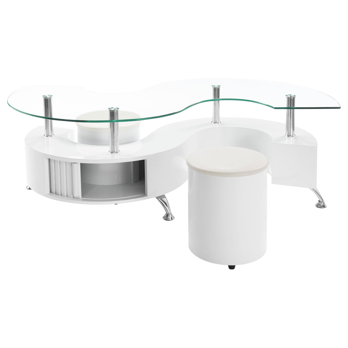 Buckley Curved Glass Top Coffee Table With Stools White High Gloss