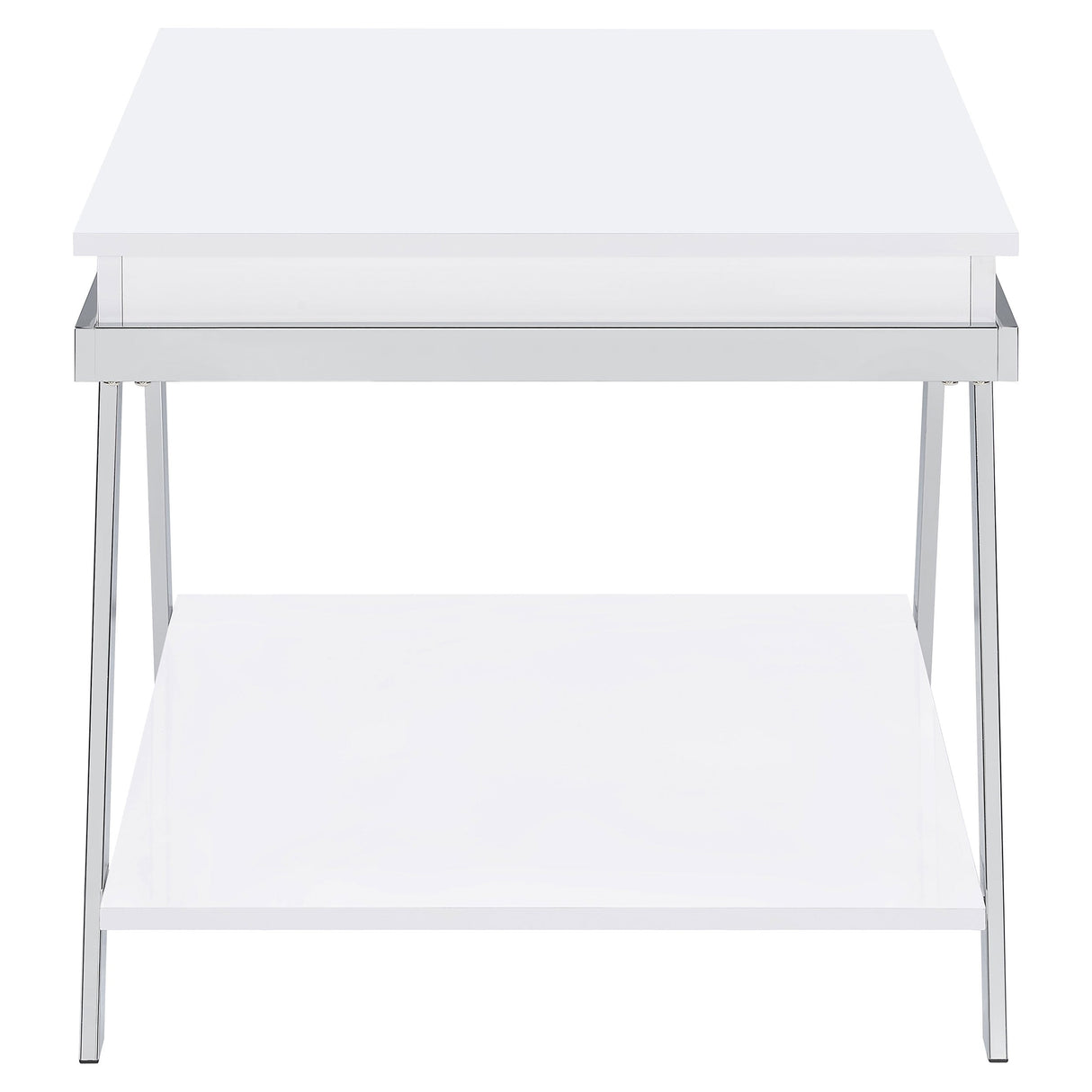 Marcia Wood Rectangular End Table White High Gloss and Chrome