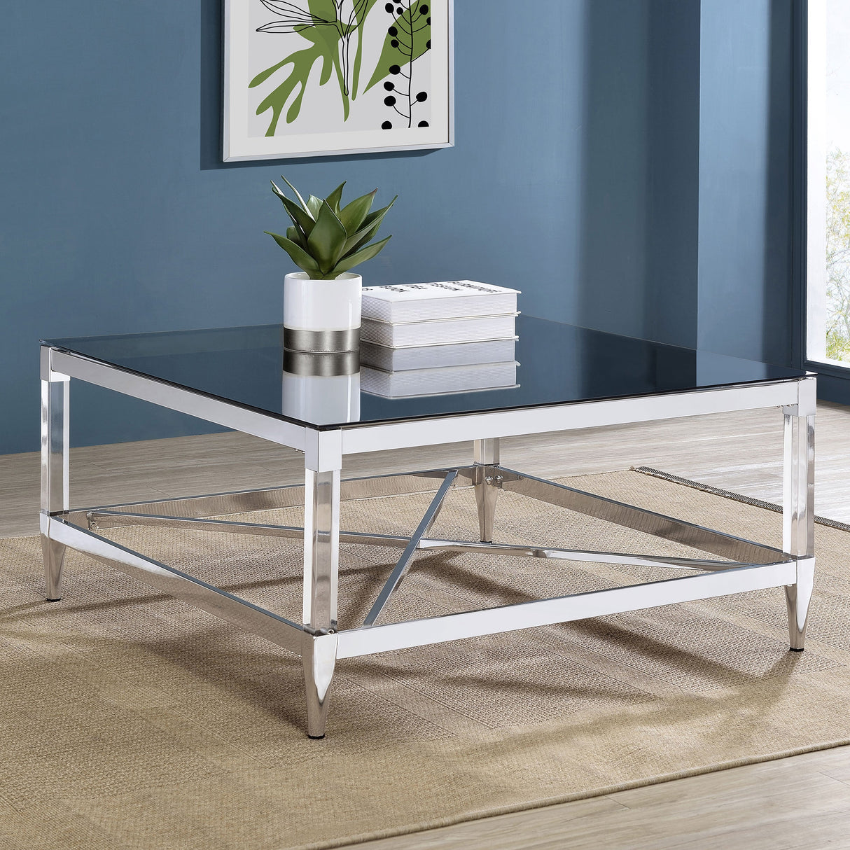 Lindley Square Coffee Table with Acrylic Legs and Tempered Mirror Top Chrome