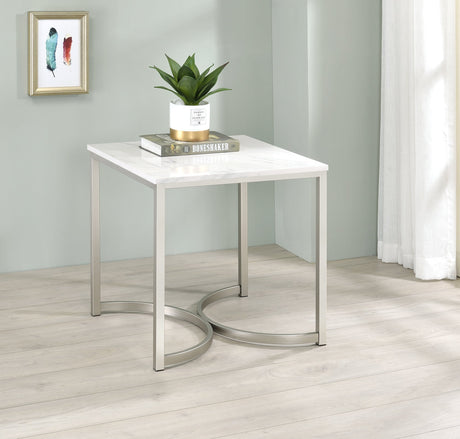 Leona Faux Marble Square End Table White and Satin Nickel