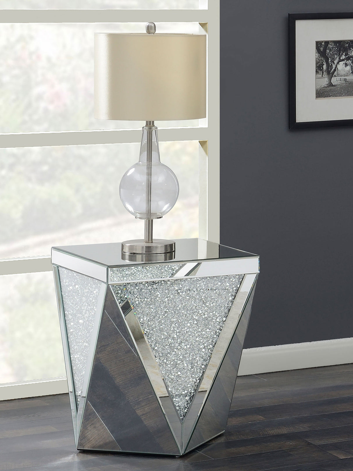 Amore Square End Table with Triangle Detailing Silver and Clear Mirror