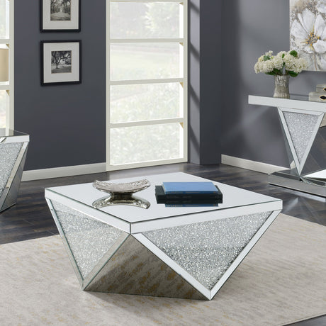 Amore Square Coffee Table with Triangle Detailing Silver and Clear Mirror