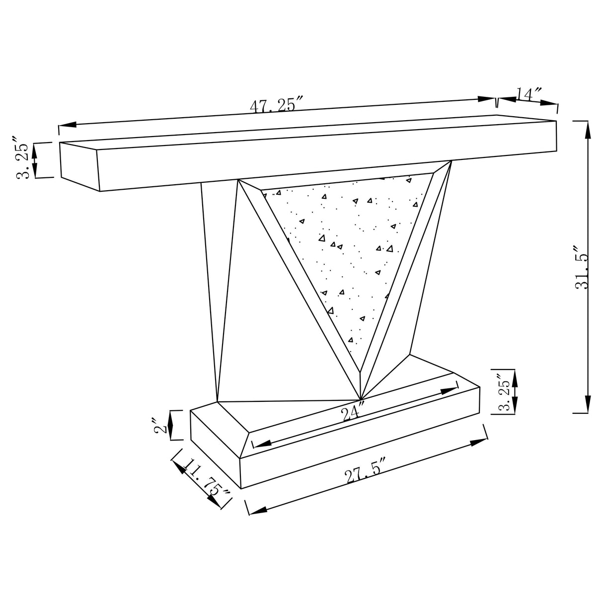 Amore Rectangular Sofa Table with Triangle Detailing Silver and Clear Mirror