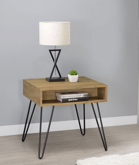 Fanning Square End Table with Open Compartment Golden Oak and Black