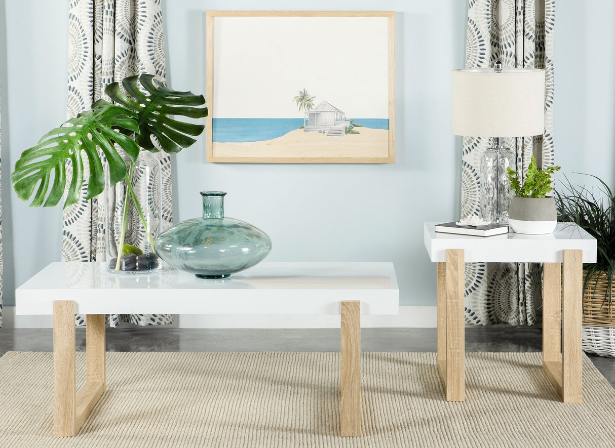 Pala Rectangular End Table with Sled Base White High Gloss and Natural