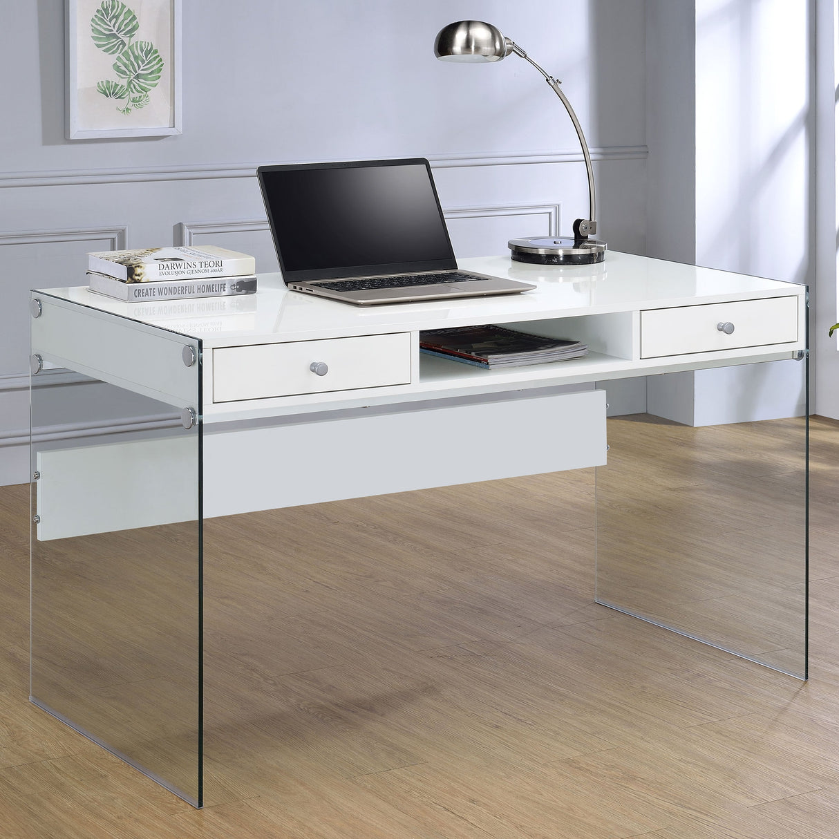 Dobrev 2-drawer Writing Desk Glossy White and Clear