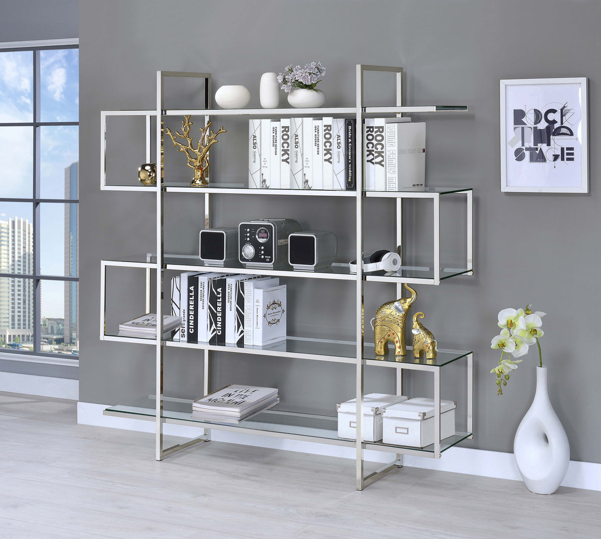 Elmer 5-shelf Bookcase Chrome and Clear