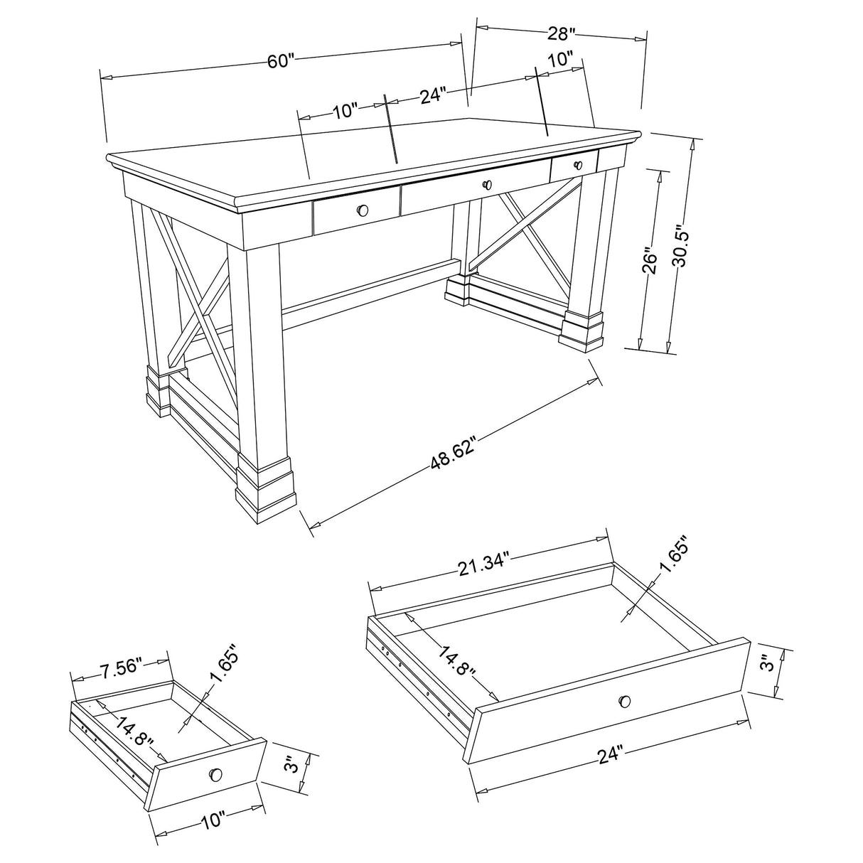 Johansson 3-drawer Writing Desk Antique White