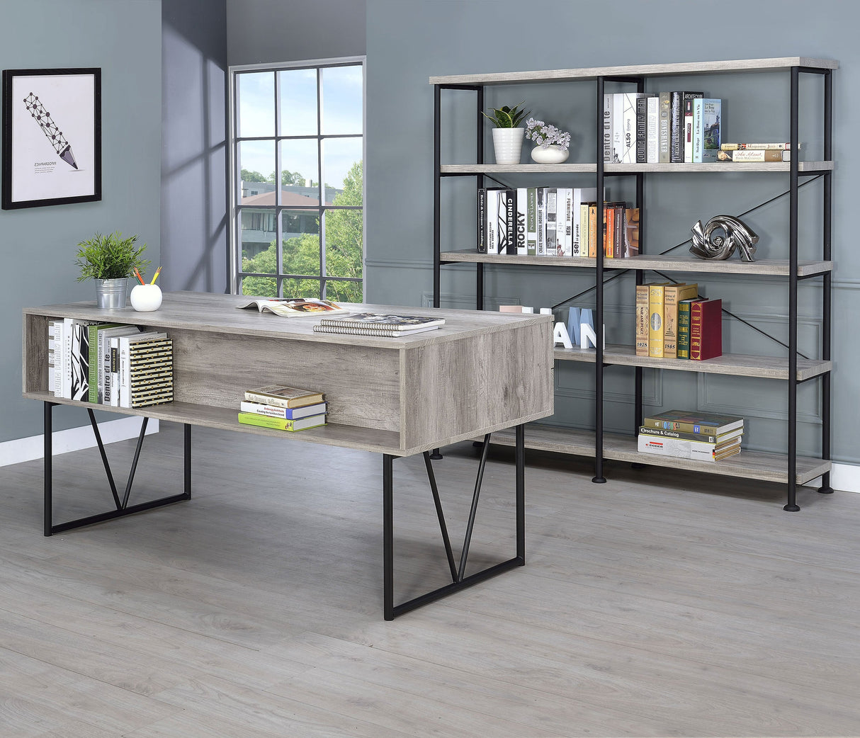 Analiese 4-drawer Writing Desk Grey Driftwood