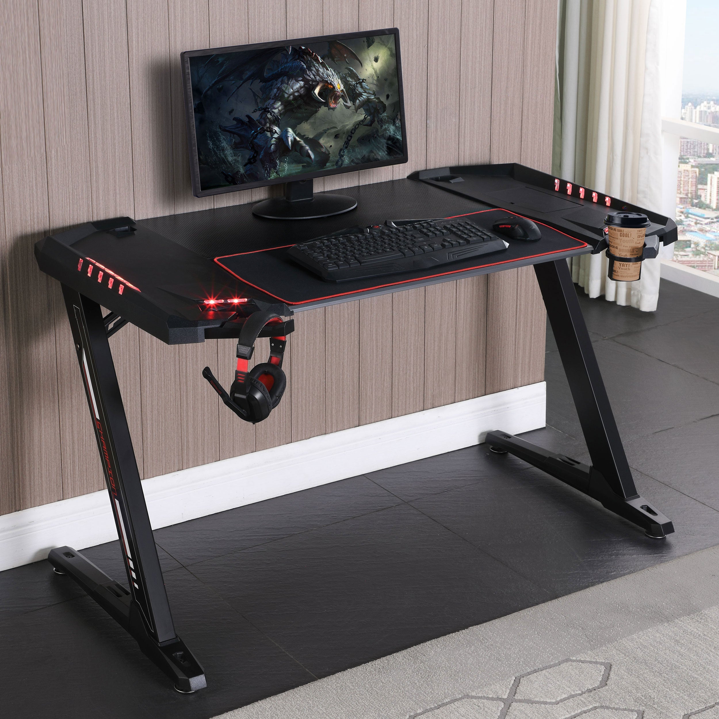 Ardsley Z-framed Gaming Desk with LED Lighting Black