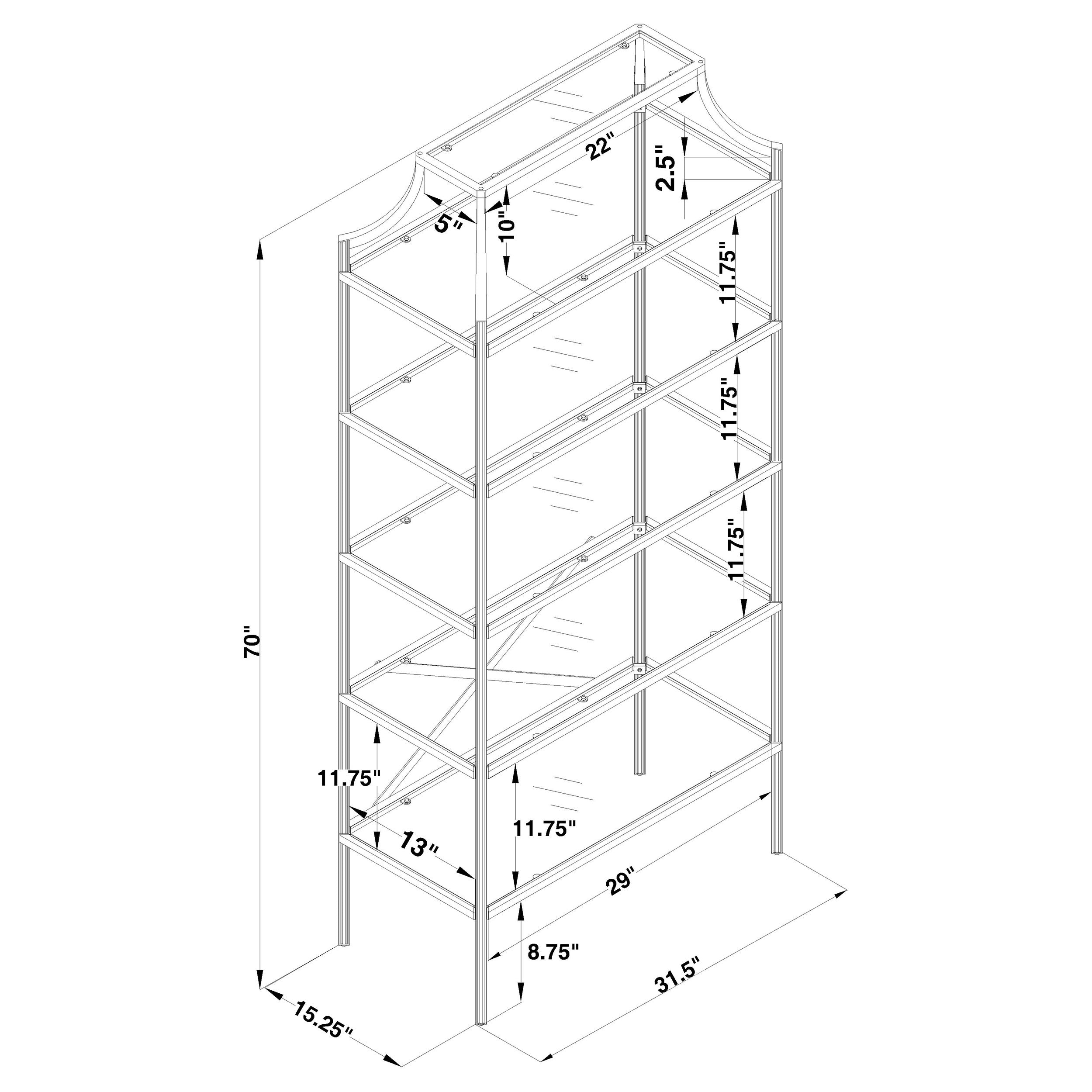 Serena 5-tier Tempered Glass Shelves Bookcase Matte Gold