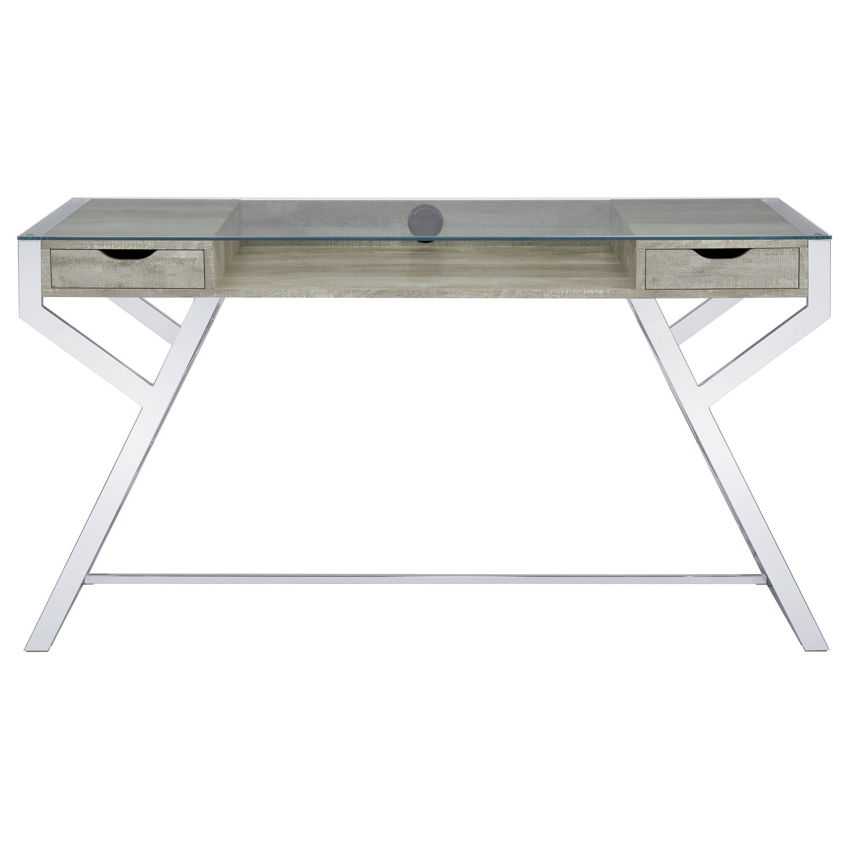 Emelle 2-drawer Glass Top Writing Desk Grey Driftwood and Chrome