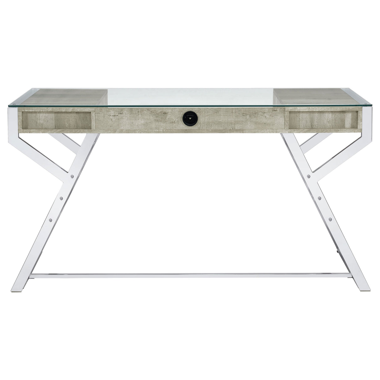 Emelle 2-drawer Glass Top Writing Desk Grey Driftwood and Chrome