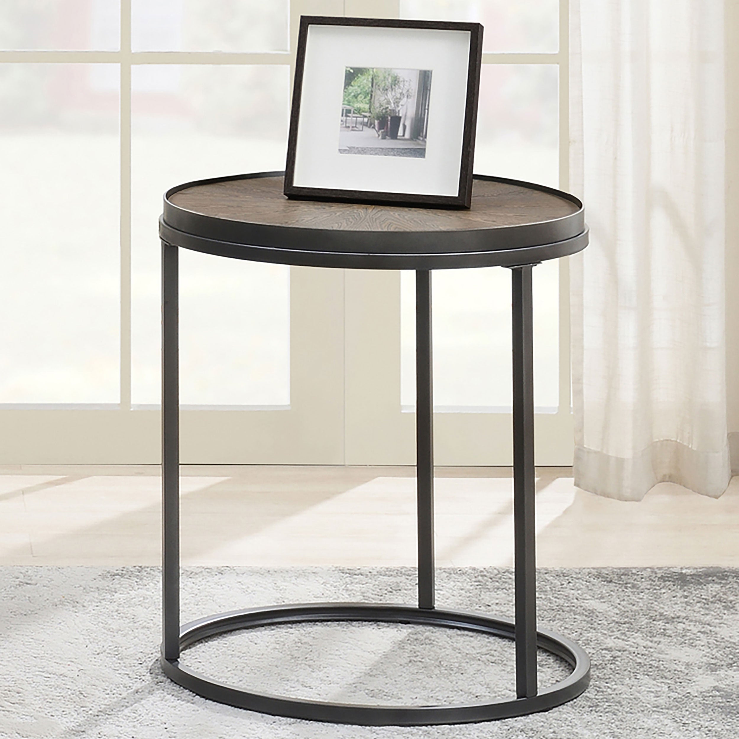 Rodrigo Round End Table Weathered Elm and Gunmetal