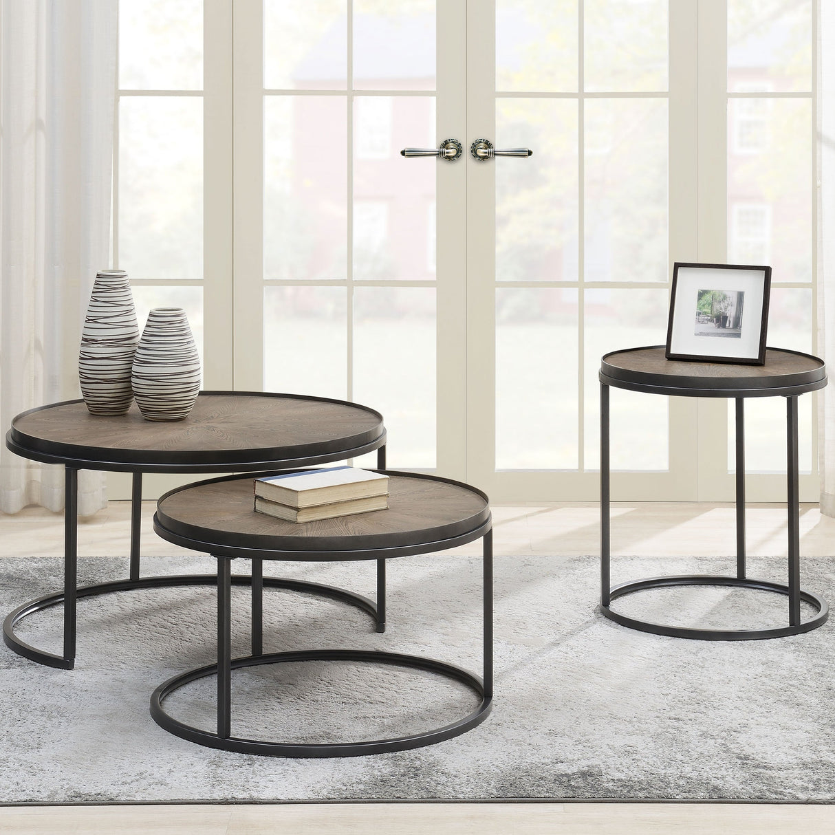 Rodrigo Round End Table Weathered Elm and Gunmetal