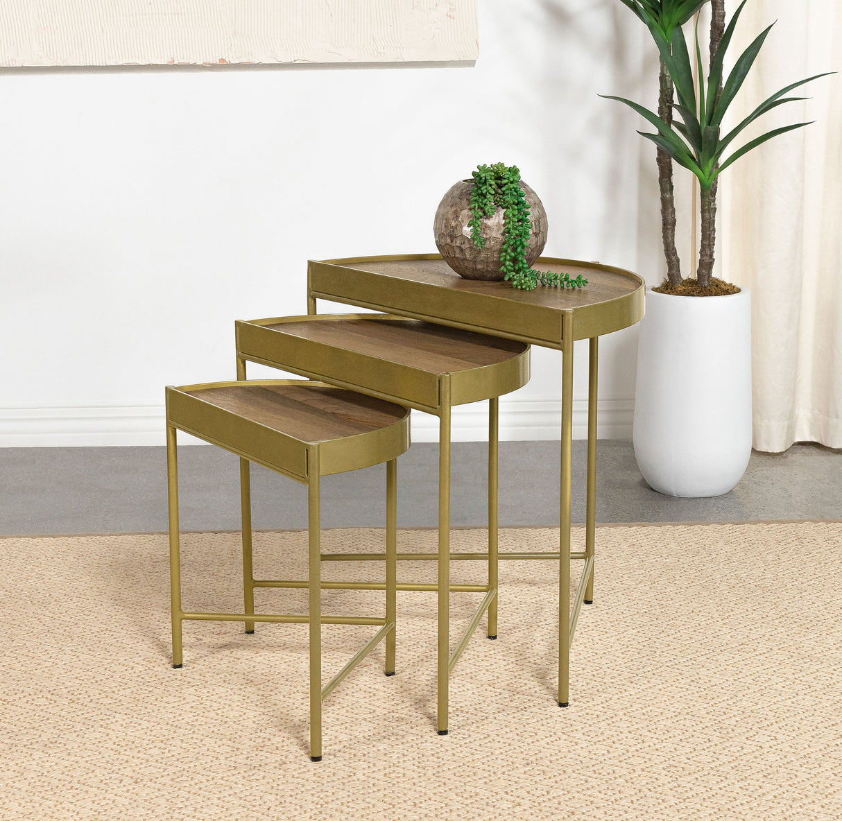 Tristen 3-Piece Demilune Nesting Table With Recessed Top Brown and Gold